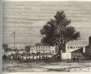 French colonies in Africa - Place du gouvernement a Goree - engraving in La France illustree: geography, history, statistical administration by V.A. Malt-Brown. 1884