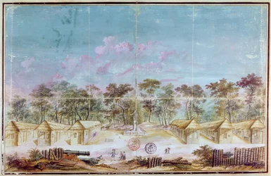 French colonists settlement on the beach of Kourou, Guyana in 1763