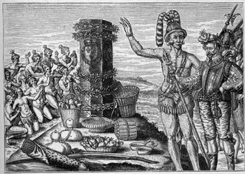 French colony in America: Floridians love the commemorative column erected by Rene de Laudonniere in memory of the Spanish attacks on the French Protestant colonies in 1564. From a 16th century engraving. In 