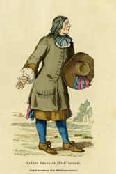 French peasant costume in the 18th century. Engraving in colours after a print of the national bibliothèque, in 