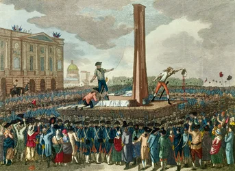 French revolution: execution in the guillotine of King Louis XVI, the executioner presents his cut head