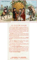 Front and reverse of a promotional card for the drink Chicorée à la Bergère with depictions of life in Wales, c.1890