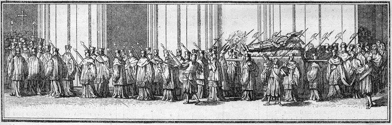 Funeral of a pope in the 18th century: the body of the pope carries to the Church of St. Peter in Rome. Engraving in Histoire des religions
