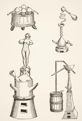 Furnace, Retorts, Stills and Distilling Apparatus Used by Chemists and Alchemists in the 16th Century, from Science and Literature in the Middle Ages by Paul Lacroix, Published London 1878