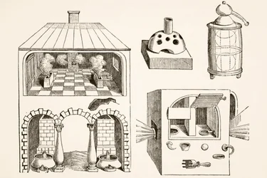 Furnaces and various apparatus used by chemists and alchemists in Middle Ages, after an engraving by Vriese, from Science and Literature in The Middle Ages by Paul Lacroix pub. London 1878