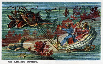 Futuredays: A Nineteenth Century Vision of the Year 2000 - Series “In the Year 2000”: A strange hitch (tank drawn by fish under sea). Chromolithography by Villemard