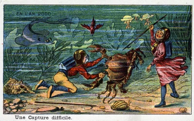 Futuredays: A Nineteenth Century Vision of the Year 2000 Series: A Difficult Capture (Under Sea). Chromolithography by Villemard