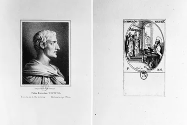 Gaius Cornelius Tacitus (AD 56 - c. 120), engraved by Julien, and St. Gregory of Nazianzus (c. 329 - c. 390), engraved by Israel