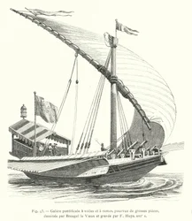 Pontifical galley with sails and oars, equipped with large pieces, drawn by Breugel the Elder and engraved by F Huys, 16th century