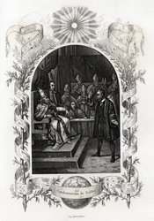 Galileo Galilei before the Holy Office in the Vatican. Engraving to illustrate Histoire des popes by Maurice Lachatre