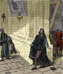Galileo Galilei (1564-1642), Italian scientist, observing the pendulum-like swinging of a lamp in Pisa Cathedral, Italy, in 1582 - Engraving in “Sciences brought to the graces of all - Popular physics and chemistry” by Alexis Clerc - End 19th century - Pri