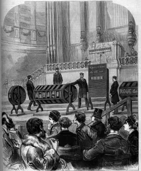 Game of chance: draw of the National Lottery in the Trocadéro festivities hall on 6 January 1879 in Paris. Engraving in "Le Monde Illustré" no. 1140 of 1 February 1879.