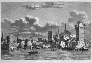 General view of Rhodes, from La Syrie daujourdhui. Voyages dans la Phenicie, le Liban et la Judee. 1875-1880 by Louis Charles Emile Lortet, 1884
