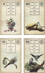 German edition of the Lenormand French cartomancy deck: The Flowers, The Scythe, The Birch-rod, The Whip, The Birds, published by Dondorf, Frankfurt, 19th Century