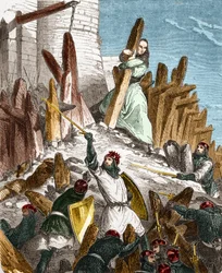 War against Hugues du Puiset by Louis the Fat: Attack of the Chateau du Puiset (located in the department of Eure-et-Loir) by the forces of the King of France Louis VI the Fat in 1118. Engraving in "Histoire De France En Cent Paintings by Paul Lehugeur