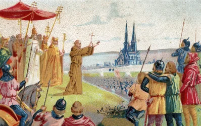God wants it! Peter the Hermit preaching the Crusade (1095 - 1099) Chromolithography of the end of the 19th century