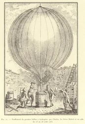 Inflation of the First Hydrogen Balloon by Charles, the Robert Brothers, and an Assistant, August 23-26, 1783 (engraving)