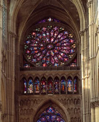 Gothic architecture: view of the rose window of Notre-Dame Cathedral in Reims, made in the 13th century. Reims, Marne