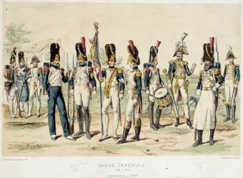 Grenadiers a foot of the Imperial Guard of Napoleon I. 19th century engraving. Paris, Decorative Arts