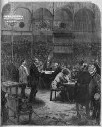 Strike of the Parisian cart drivers in 1878: election of delegates to the company of Petites Cars in the Fernando circus. Engraving in 