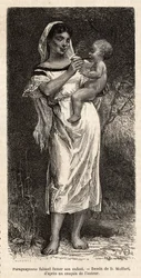 Guaranie woman smoking the cigar to her child, riding on her hip, to try to appease her cries, engraving after D. Maillart