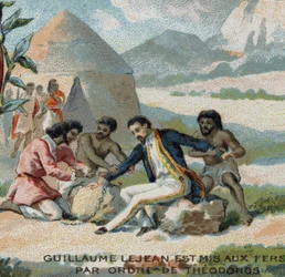 Guillaume Lejean, a French explorer, was put in shackles by order of Emperor Theodoros of Abyssinia. Chromolithography of the 19th century