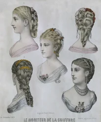 Hairstyles, illustration from Le Moniteur de la Coiffure, 10th December 1879