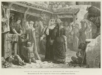 Halles of Paris and Merchant Shops in the Thirteenth Century (engraving)
