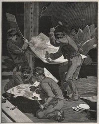 Hammering and assembling pieces of the Statue of Liberty made by Frederic Auguste Bartholdi. Engraving from 1880 in 