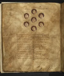 Illustration of the faces of the Pleiades, seven sisters who lived in the heavens as stars, with their names inscribed around them, from 