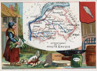 Haute Savoie (Haute-Savoie, 74), Rhone Alpes (Rhone-Alpes), France. Local speciality: paper, gruyere, honey, tobacco and blast furnaces. Series on the French Departments. Chromolithography 