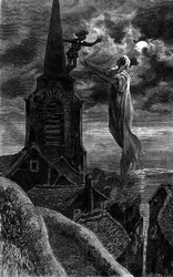 He appeared on the bell tower of the church. Engraving illustrating the novel Fire and Flame by Zenaide Fleuriot. In Le Journal de la jeunesse
