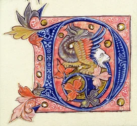 Historiated Initial D depicting a fish with a human head