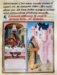 How abstinence is the cause of many goods: on the left a man couple of greediness and drinking with excess and on the right a sober man nourishing virtue and mastering the flesh. Miniature from Le livre de bonnes moeurs de Jacques Legrand