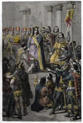 Hugh Capet elected King - Coronation of Hugh Capet (ca. 941-996), King of France, July 3, 987 at Noyon, by Adalberon (ca. 925-990), Archbishop of Reims.