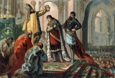 Hugues Capet, King of France from 987 to 996, made his son, the future Robert II the Pious (972-1031), sacred by Adalberon (circa 925-990), Archbishop of Reims, at the Cathedral of Orleans to establish the principle of heredity, 987. Chromolithograph