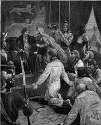 Hundred Years War. The bourgeois of Calais: devotion of Eustache of St. Peter and his companions to King Edward III of England implores their grace, supported by Queen Philippa of Hainaut (1311-1369)