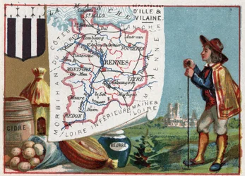 Ille-et-Vilaine, Brittany, France. Cider and Butter. Series on the French Departments. Chromolithography the geographic thread, circa 1920. Private collection