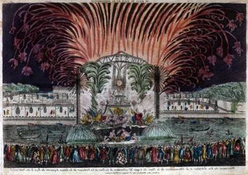 Illumination and fireworks on Place Louis XV in Paris on the occasion of peace and the inauguration of the king
