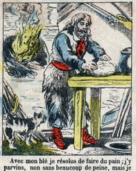 Illustration for the Book of Daniel Defoe Robinson Crusoe. Epinal imaging from the end of the 19th century.
