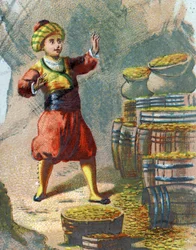 Illustration for the Tales of the Thousand and One Nights. Ali Baba enters the rock, saying, 