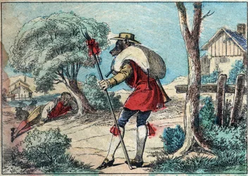 Illustration of the fable by Jean de la Fontaine (1621-1695): the wolf became a shepherd. Epinal imaging of the late 19th century.