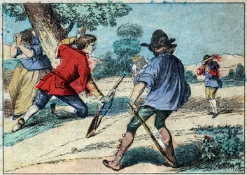 Illustration of the fable by Jean de la Fontaine: The Wolf Became a Shepherd. Epinal imaging of the late 19th century.