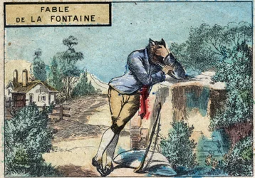 Illustration of the fable by Jean de la Fontaine: The Wolf Became a Shepherd. Epinal imaging of the late 19th century.