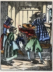 Illustration of the tale “The Wolf, the Goat and the Seven Kids”. Wood engraving from Imaging Pellerin - Epinal, late 19th century.