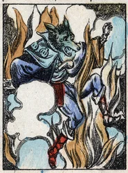 Illustration of the tale “The Wolf, the Goat and the Seven Kids”. Wood engraving from Imaging Pellerin - Epinal, late 19th century.