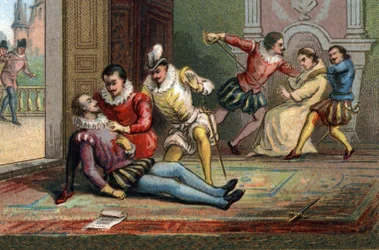 In 1589, the Monk Jacques Clement Murdered King Henry III with a Stab after Having Made Him Read a Letter. The King Died in the Arms of Henry of Navarre. Chromolithography around 1890