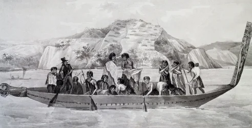 Indigenous New Zealanders on Pirogue with Fortified Village in Background
