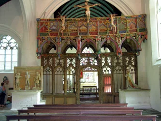 Interior of the chapel with the painted rood screen