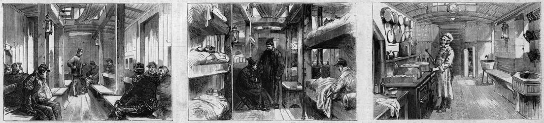 Internal view of the ambulance wagon and kitchen wagon of a medical train of the French Societe de secours aux blesses militaires
